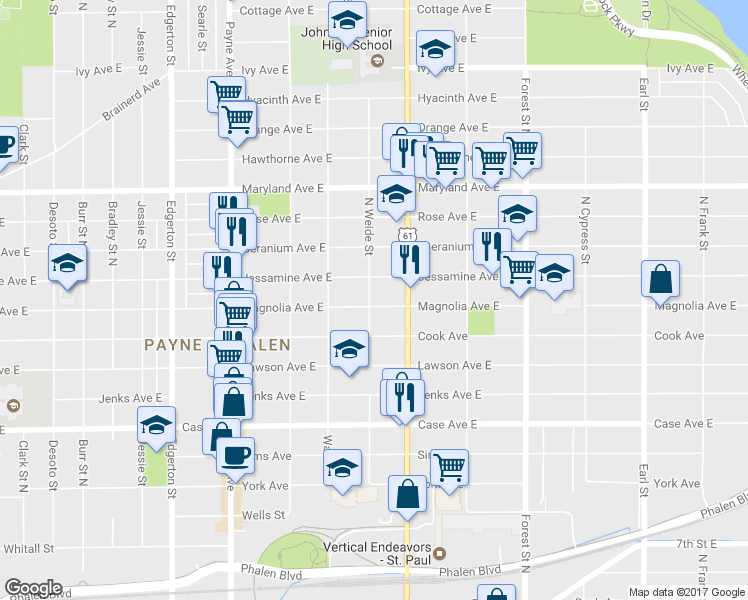 map of restaurants, bars, coffee shops, grocery stores, and more near 782 Jessamine Avenue East in Saint Paul