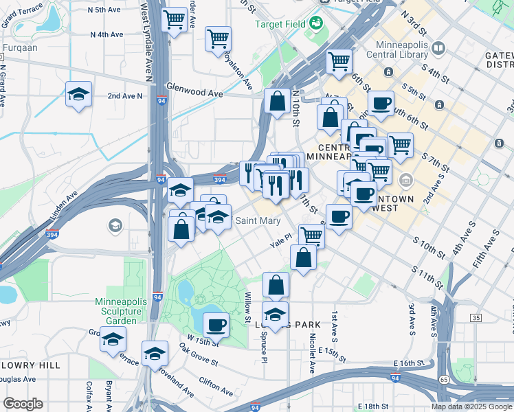 map of restaurants, bars, coffee shops, grocery stores, and more near 1300 13th Street North in Minneapolis