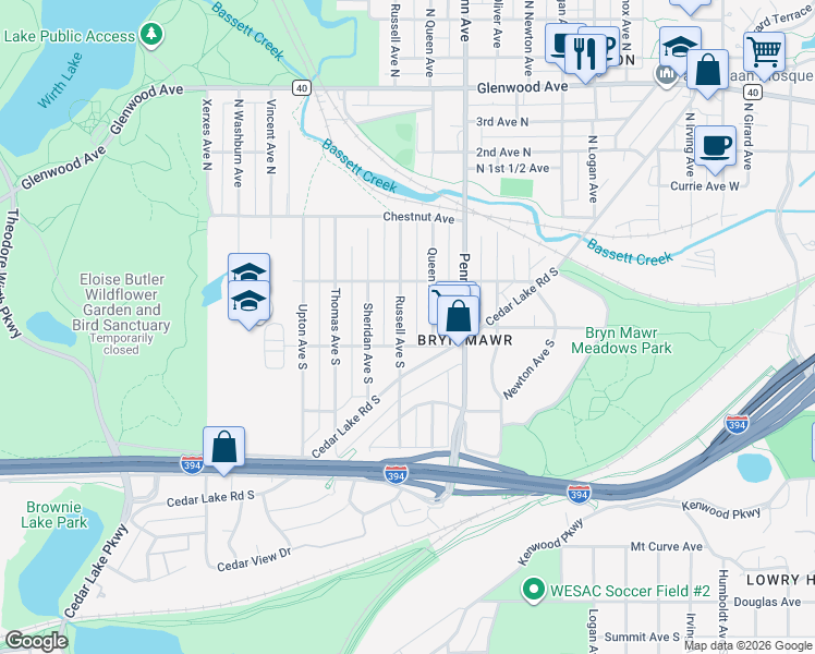map of restaurants, bars, coffee shops, grocery stores, and more near 229 Russell Avenue South in Minneapolis