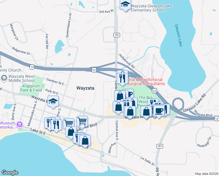 map of restaurants, bars, coffee shops, grocery stores, and more near 273 Central Avenue North in Wayzata