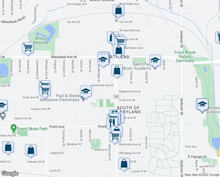 map of restaurants, bars, coffee shops, grocery stores, and more near 1094 Albemarle Street North in Saint Paul