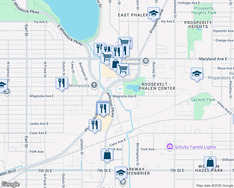 map of restaurants, bars, coffee shops, grocery stores, and more near 1332 Phalen Boulevard in Saint Paul