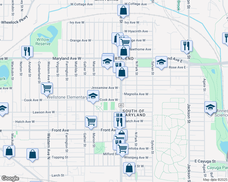 map of restaurants, bars, coffee shops, grocery stores, and more near 1094 Albemarle Street in Saint Paul
