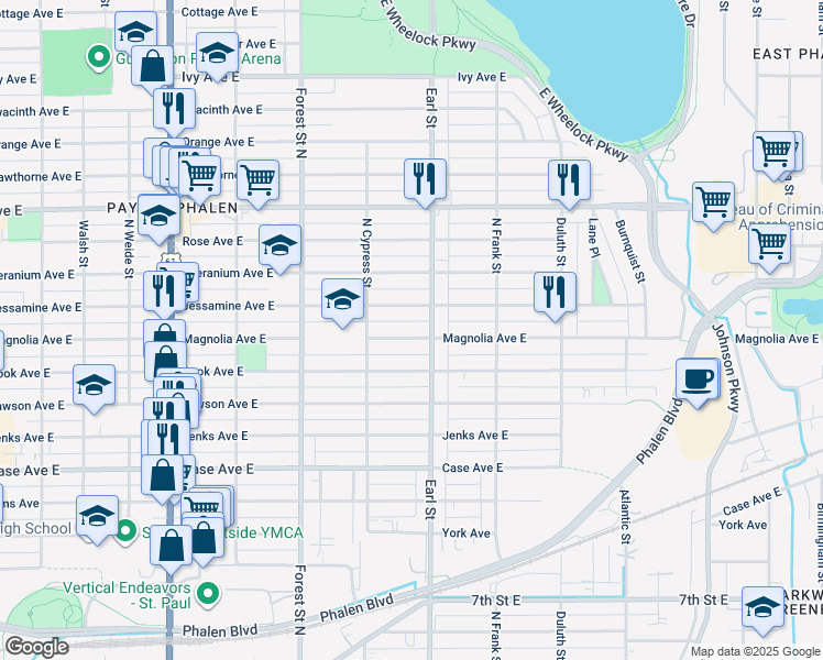 map of restaurants, bars, coffee shops, grocery stores, and more near 1028 Jessamine Avenue East in Saint Paul