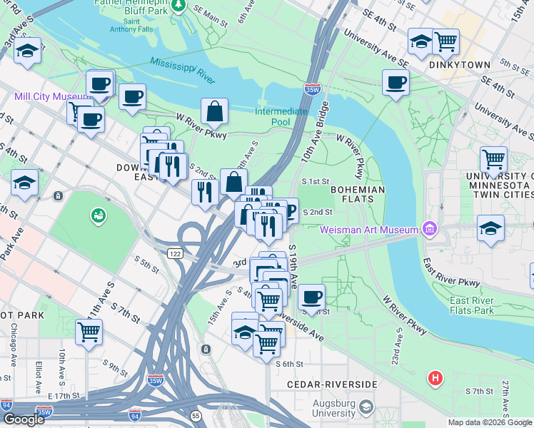 map of restaurants, bars, coffee shops, grocery stores, and more near 1615 South 2nd Street in Minneapolis