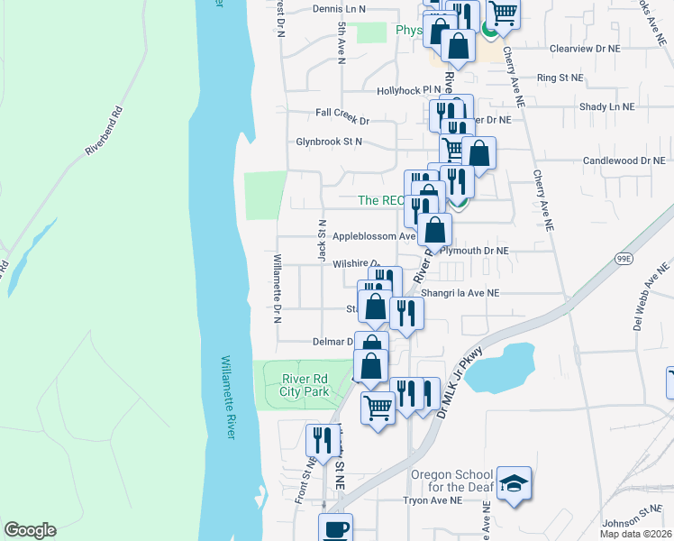 map of restaurants, bars, coffee shops, grocery stores, and more near 440 Wilshire Drive North in Keizer