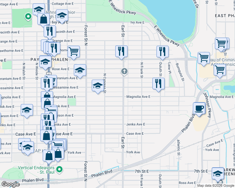 map of restaurants, bars, coffee shops, grocery stores, and more near 1028 Jessamine Avenue East in Saint Paul