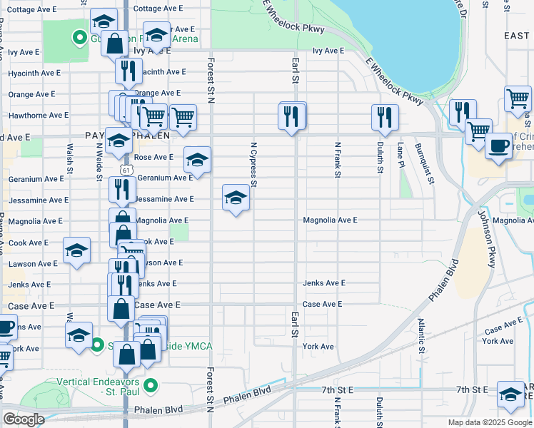 map of restaurants, bars, coffee shops, grocery stores, and more near 1028 Jessamine Avenue East in Saint Paul