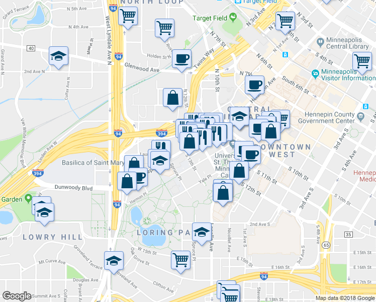 map of restaurants, bars, coffee shops, grocery stores, and more near 1225 Hennepin Avenue in Minneapolis