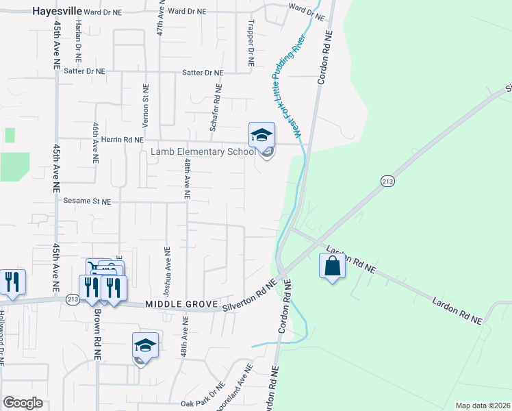 map of restaurants, bars, coffee shops, grocery stores, and more near 3858 Middle Grove Drive Northeast in Salem