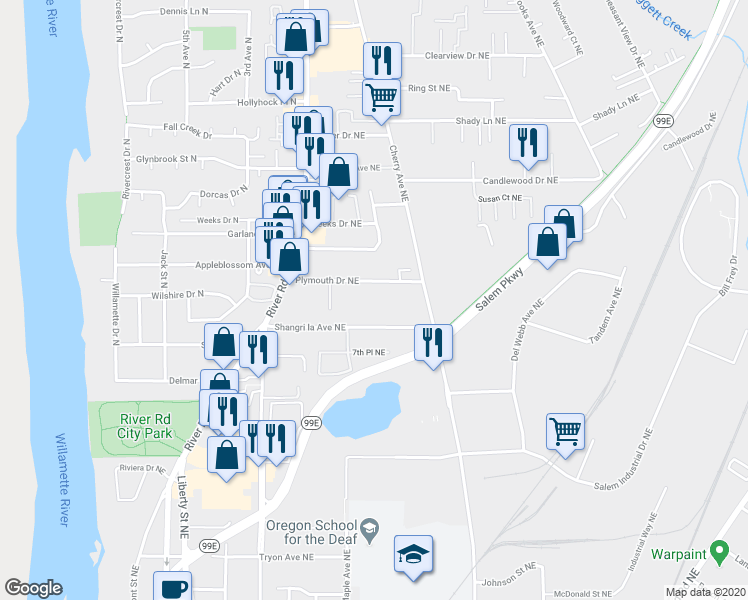 map of restaurants, bars, coffee shops, grocery stores, and more near 838 Plymouth Drive Northeast in Keizer