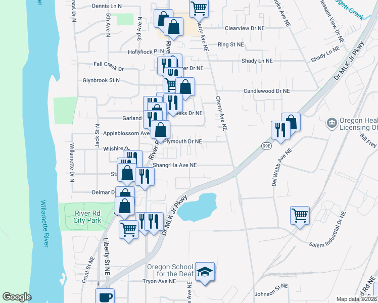map of restaurants, bars, coffee shops, grocery stores, and more near 748 Plymouth Drive Northeast in Keizer