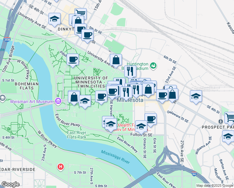map of restaurants, bars, coffee shops, grocery stores, and more near 615 Washington Avenue Southeast in Minneapolis