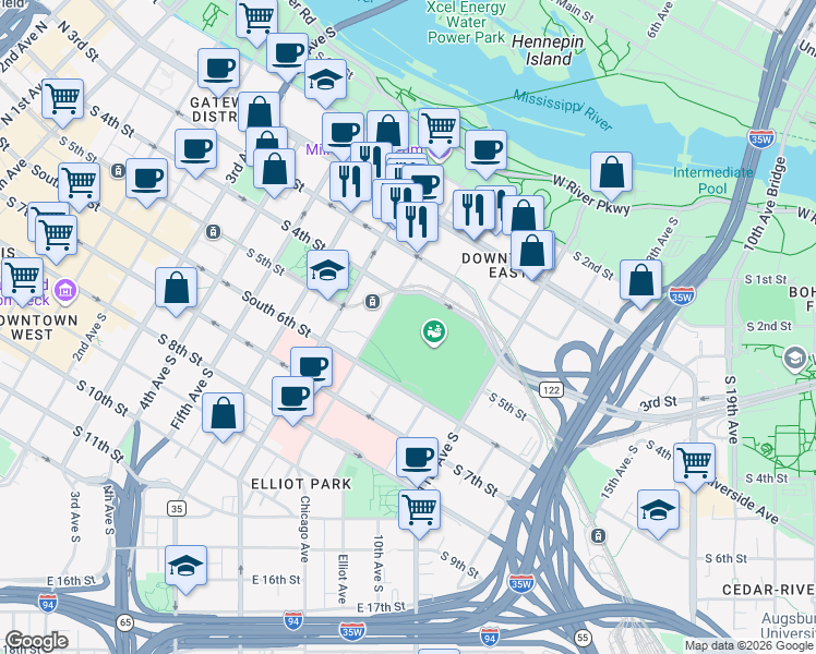 map of restaurants, bars, coffee shops, grocery stores, and more near in Minneapolis