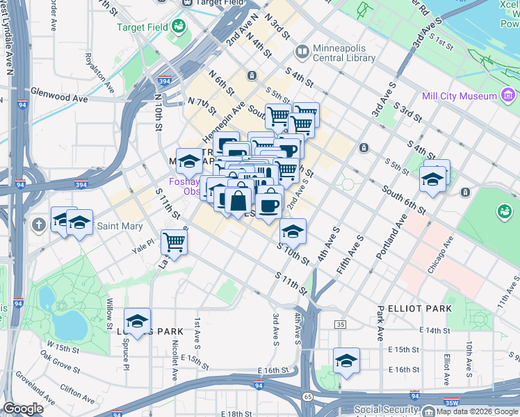 map of restaurants, bars, coffee shops, grocery stores, and more near 89 South 9th Street in Minneapolis