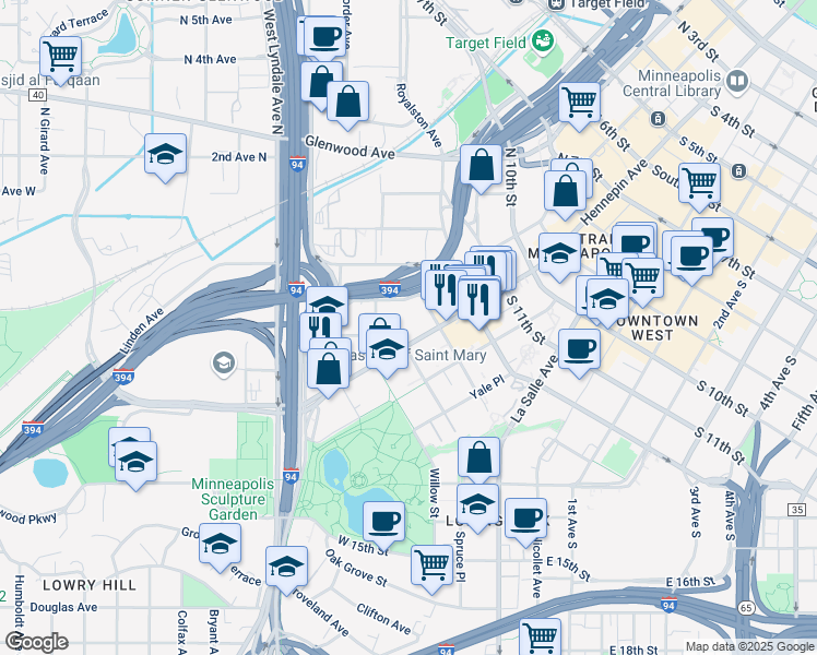 map of restaurants, bars, coffee shops, grocery stores, and more near in Minneapolis