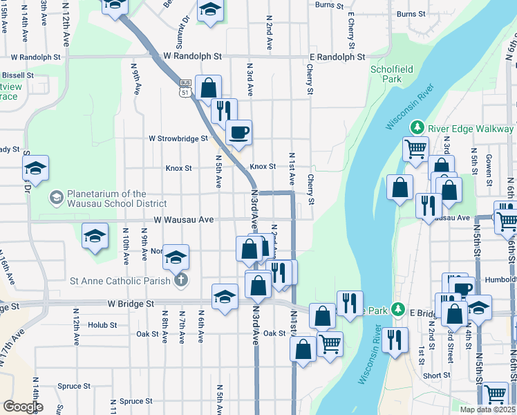 map of restaurants, bars, coffee shops, grocery stores, and more near 909 North 3rd Avenue in Wausau