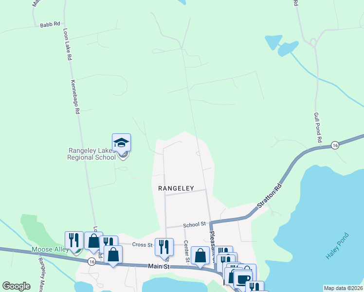 map of restaurants, bars, coffee shops, grocery stores, and more near 134 Pleasant Street in Rangeley