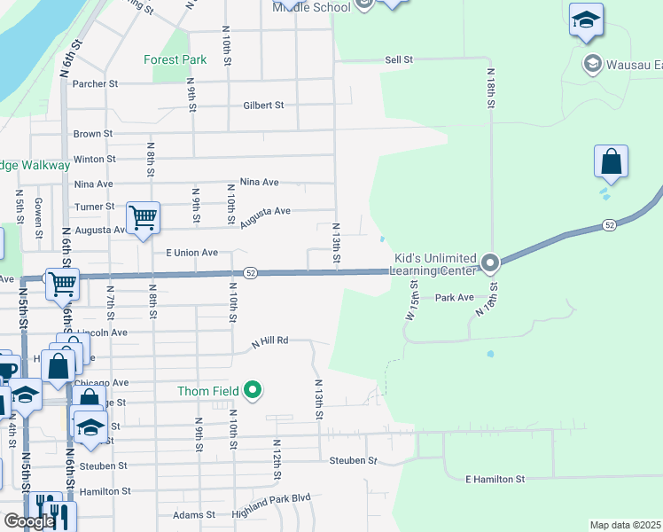 map of restaurants, bars, coffee shops, grocery stores, and more near 2209 North 13th Street in Wausau