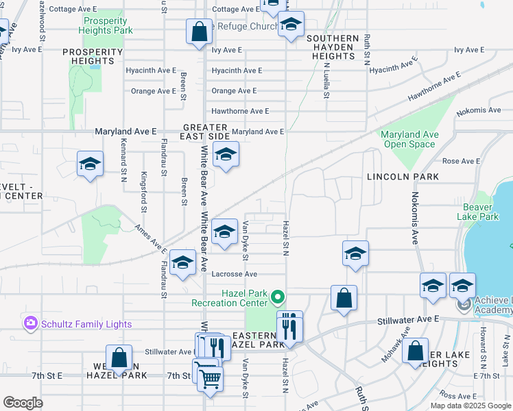 map of restaurants, bars, coffee shops, grocery stores, and more near 1851 Magnolia Avenue East in Saint Paul