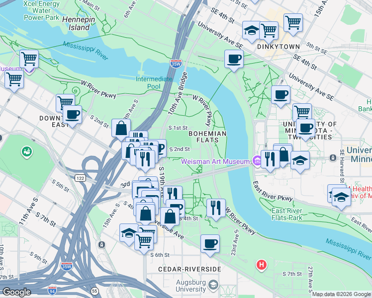 map of restaurants, bars, coffee shops, grocery stores, and more near 3404 South 2nd Street in Minneapolis