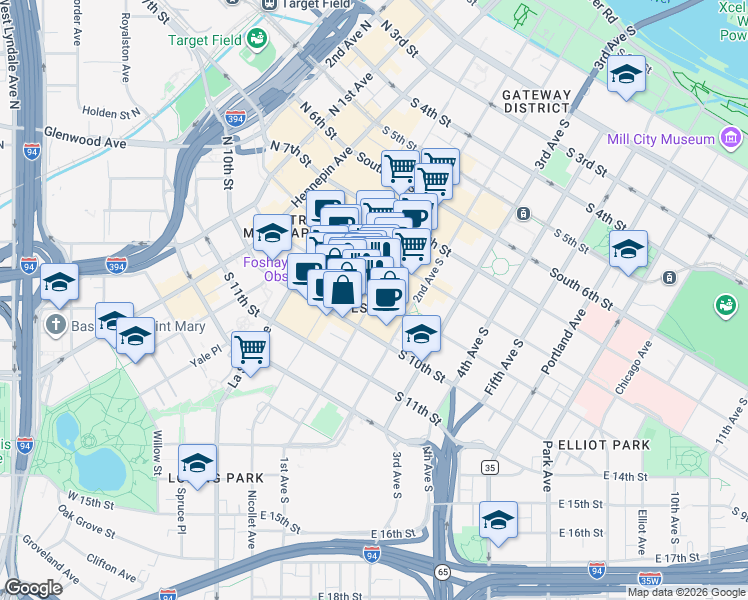 map of restaurants, bars, coffee shops, grocery stores, and more near 901 South Marquette Avenue in Minneapolis