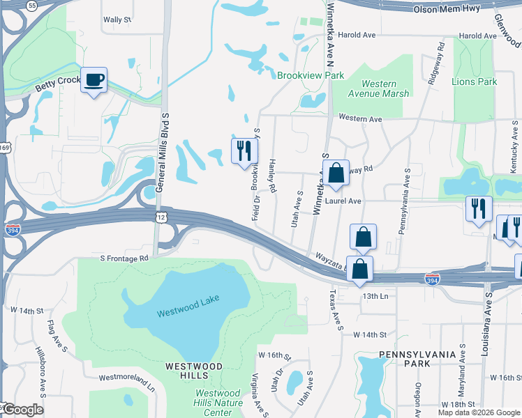 map of restaurants, bars, coffee shops, grocery stores, and more near 640 Hanley Road in Minneapolis