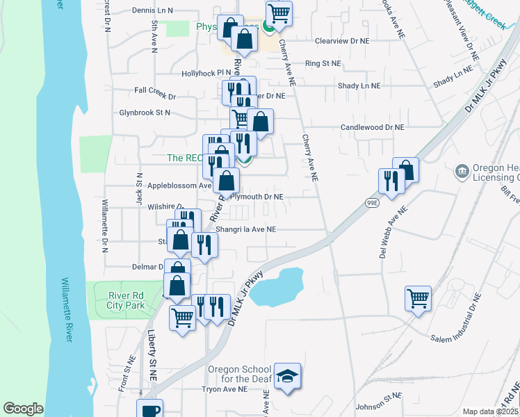 map of restaurants, bars, coffee shops, grocery stores, and more near 748 Plymouth Drive Northeast in Keizer