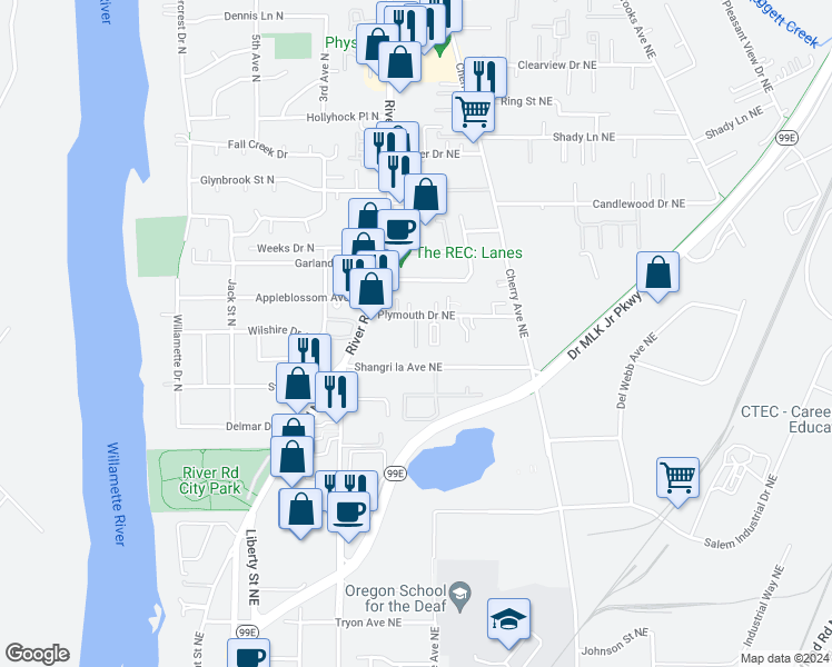 map of restaurants, bars, coffee shops, grocery stores, and more near 748 Plymouth Drive Northeast in Keizer