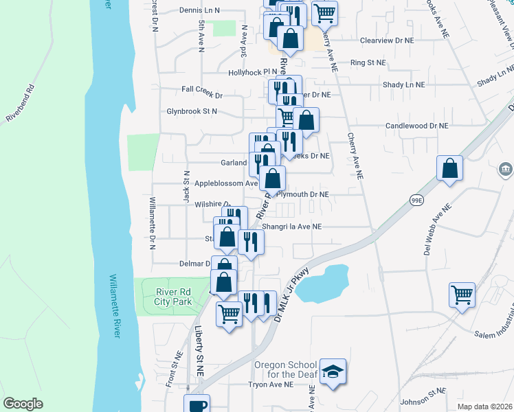 map of restaurants, bars, coffee shops, grocery stores, and more near 3357 River Road North in Salem