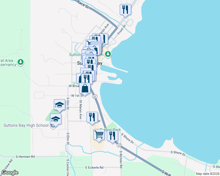 map of restaurants, bars, coffee shops, grocery stores, and more near 3753 North Ninatigo Meekun in Suttons Bay