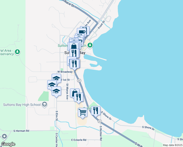 map of restaurants, bars, coffee shops, grocery stores, and more near 3753 North Ninatigo Meekun in Suttons Bay