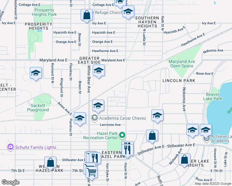 map of restaurants, bars, coffee shops, grocery stores, and more near 1105 North Hazel Street in Saint Paul