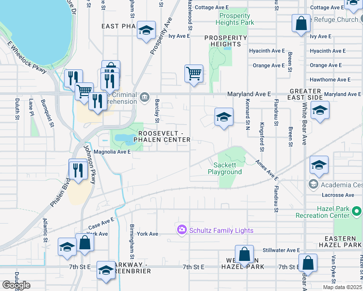 map of restaurants, bars, coffee shops, grocery stores, and more near 1519 Magnolia Avenue East in Saint Paul