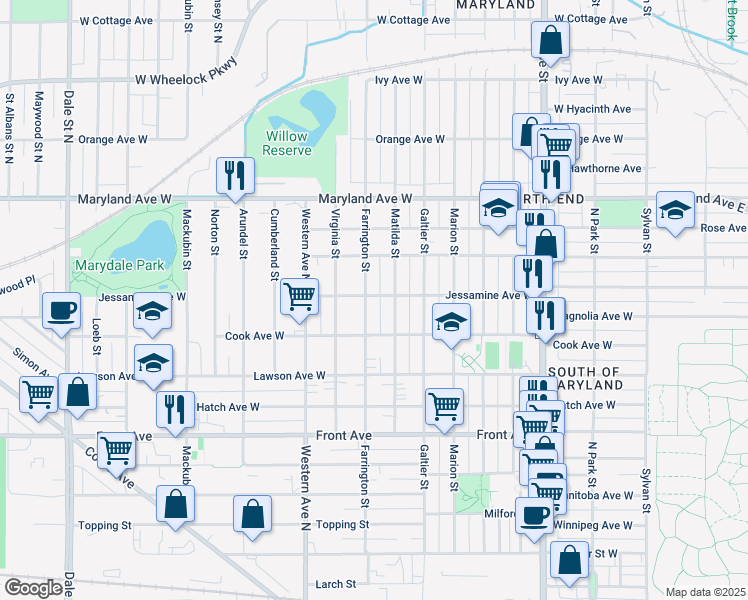map of restaurants, bars, coffee shops, grocery stores, and more near 1105 Matilda Street in Saint Paul