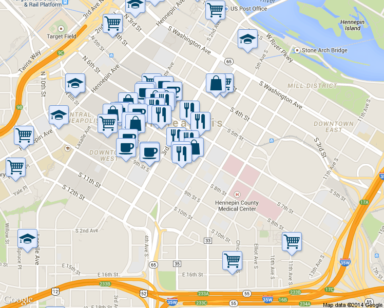 map of restaurants, bars, coffee shops, grocery stores, and more near 333 South 7th Street in Minneapolis