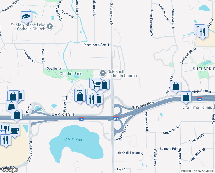 map of restaurants, bars, coffee shops, grocery stores, and more near 11201 Fairfield Road in Minnetonka