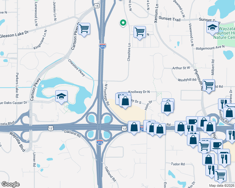 map of restaurants, bars, coffee shops, grocery stores, and more near 14110 Knollway Drive South in Minnetonka