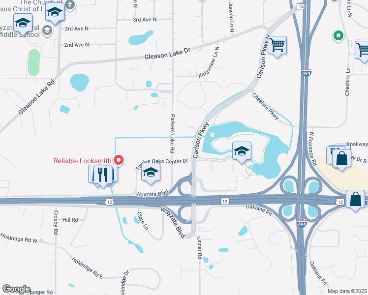 map of restaurants, bars, coffee shops, grocery stores, and more near 500 Carlson Parkway in Minnetonka