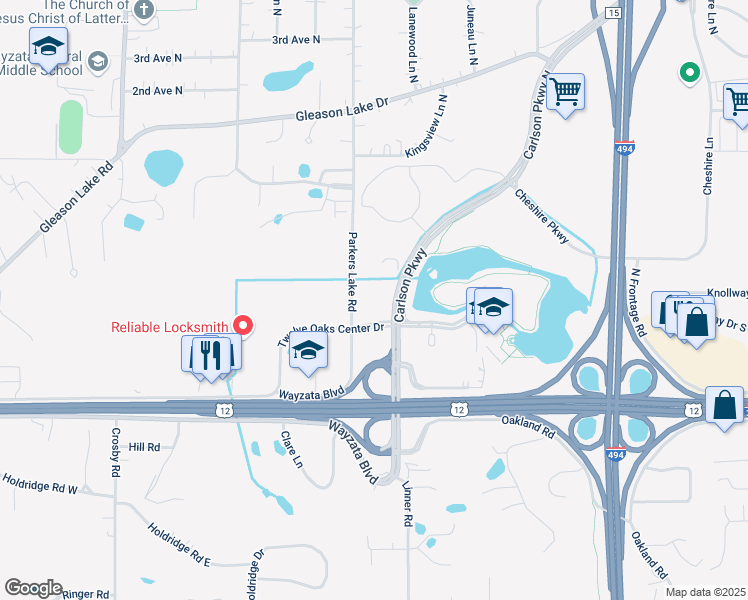 map of restaurants, bars, coffee shops, grocery stores, and more near 500 Carlson Parkway in Minnetonka