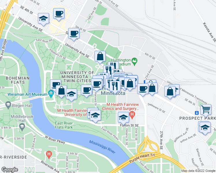 map of restaurants, bars, coffee shops, grocery stores, and more near Walnut Street Southeast in Minneapolis
