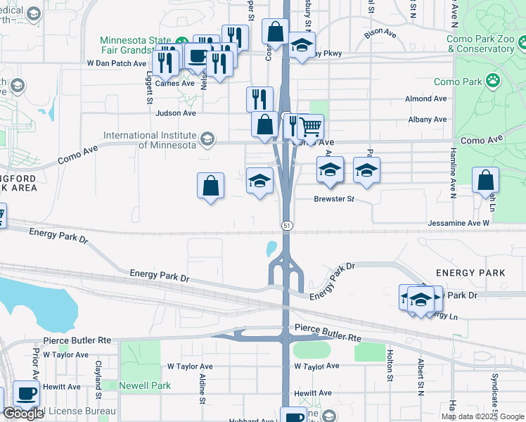 map of restaurants, bars, coffee shops, grocery stores, and more near 1091 Snelling Avenue North in Saint Paul