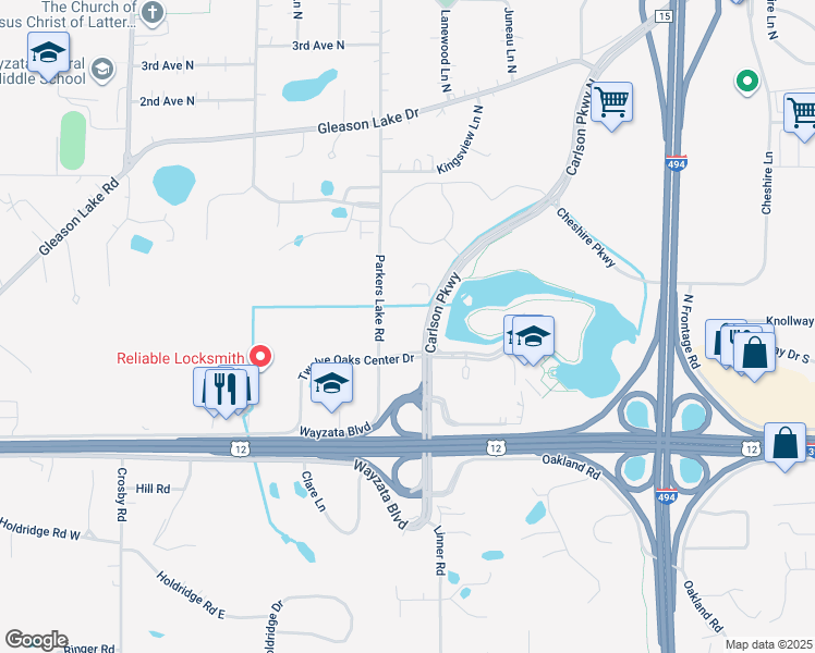 map of restaurants, bars, coffee shops, grocery stores, and more near 2 Carlson Parkway in Minnetonka