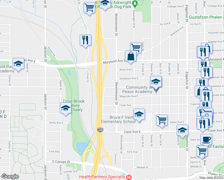map of restaurants, bars, coffee shops, grocery stores, and more near 324 Jessamine Avenue East in Saint Paul
