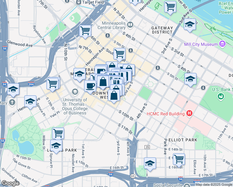 map of restaurants, bars, coffee shops, grocery stores, and more near 821 South Marquette Avenue in Minneapolis