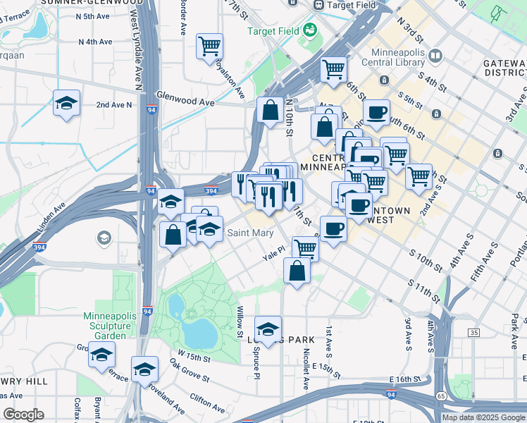 map of restaurants, bars, coffee shops, grocery stores, and more near 1201 Hennepin Avenue in Minneapolis