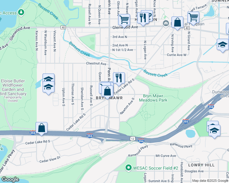 map of restaurants, bars, coffee shops, grocery stores, and more near 312 Cedar Lake Road South in Minneapolis