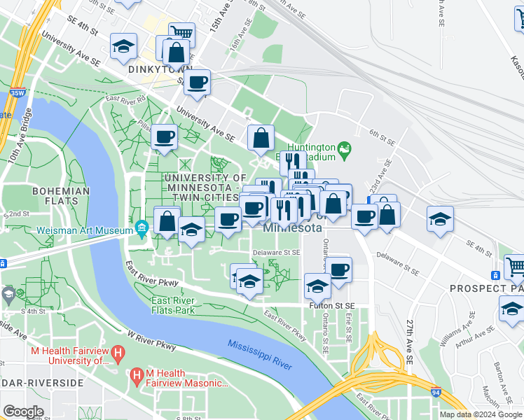 map of restaurants, bars, coffee shops, grocery stores, and more near 615 Washington Avenue Southeast in Minneapolis