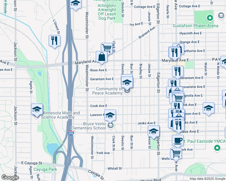 map of restaurants, bars, coffee shops, grocery stores, and more near 428 Jessamine Avenue East in Saint Paul
