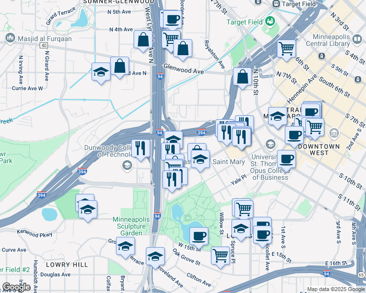 map of restaurants, bars, coffee shops, grocery stores, and more near 1510 Laurel Avenue West in Minneapolis